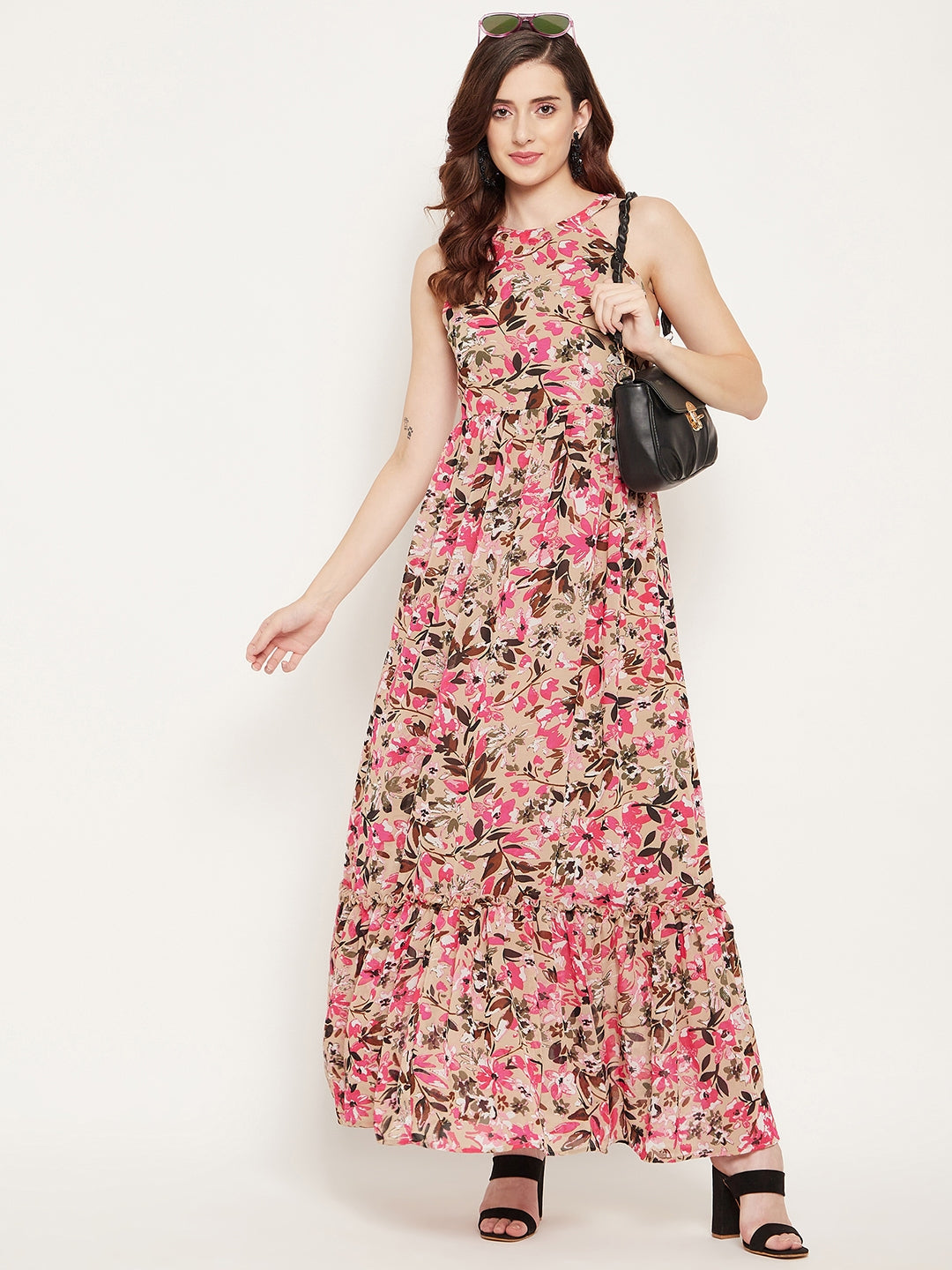 Women Brown & Pink Floral Halter Neck Georgette Maxi Dress ...