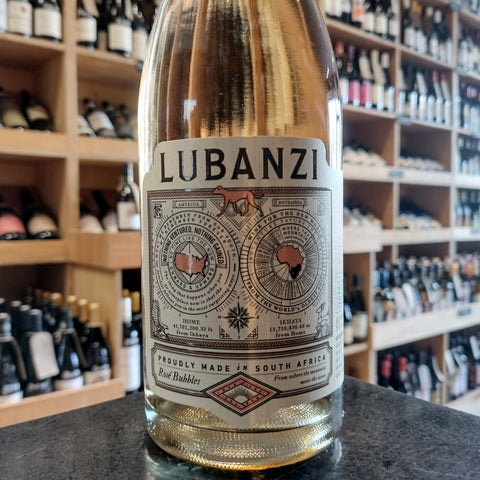 A bottle of sparkling rose wine, with a patterned label showing the name 'Lubanzi'