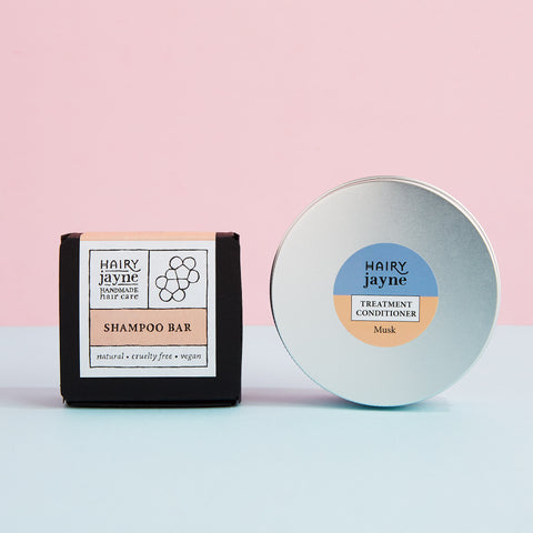 shampoo bar and treatment conditioner in a tin