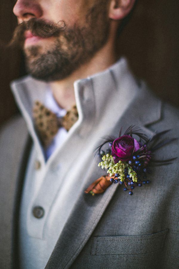 Purple and feather autumn buttonhole inspiration