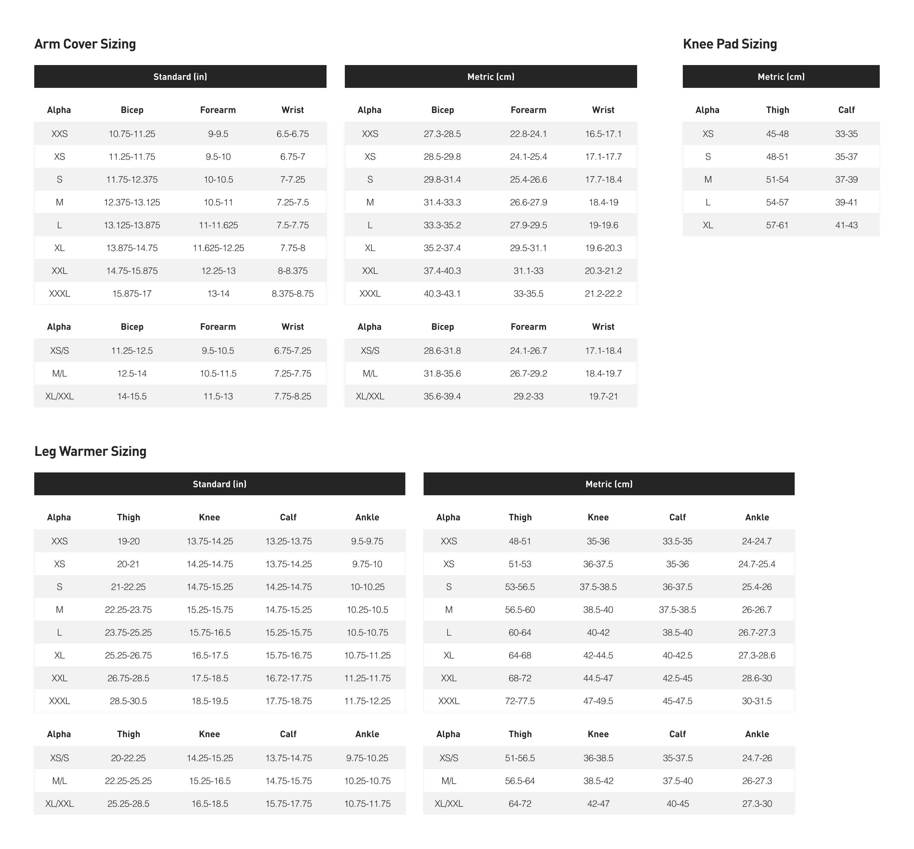 Specialized bicycles warmer size chart