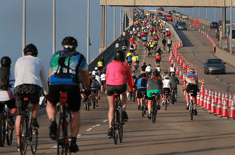 BIKE THE BAY CYCLISTS GOING OVER CORONADO BRIDGE