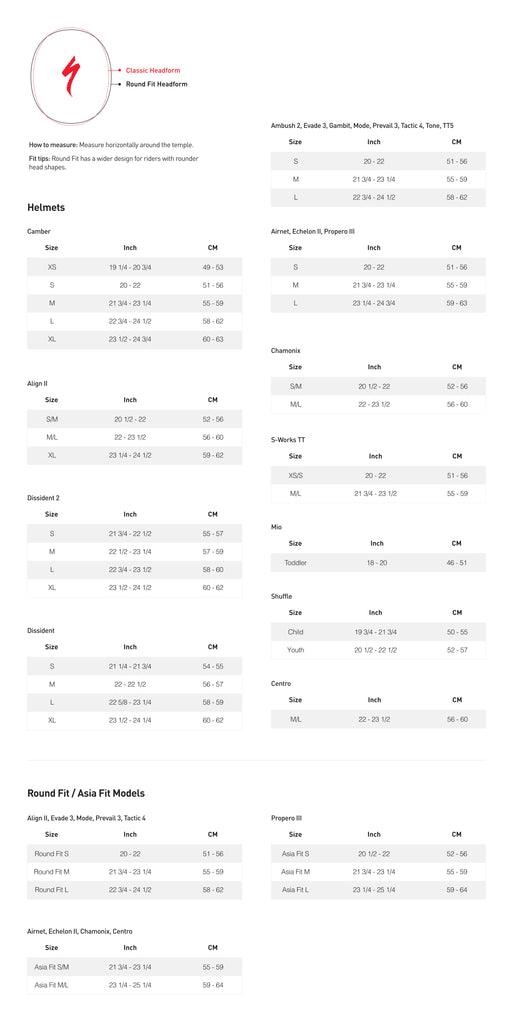 Specialized Bike Helmets Size Guide