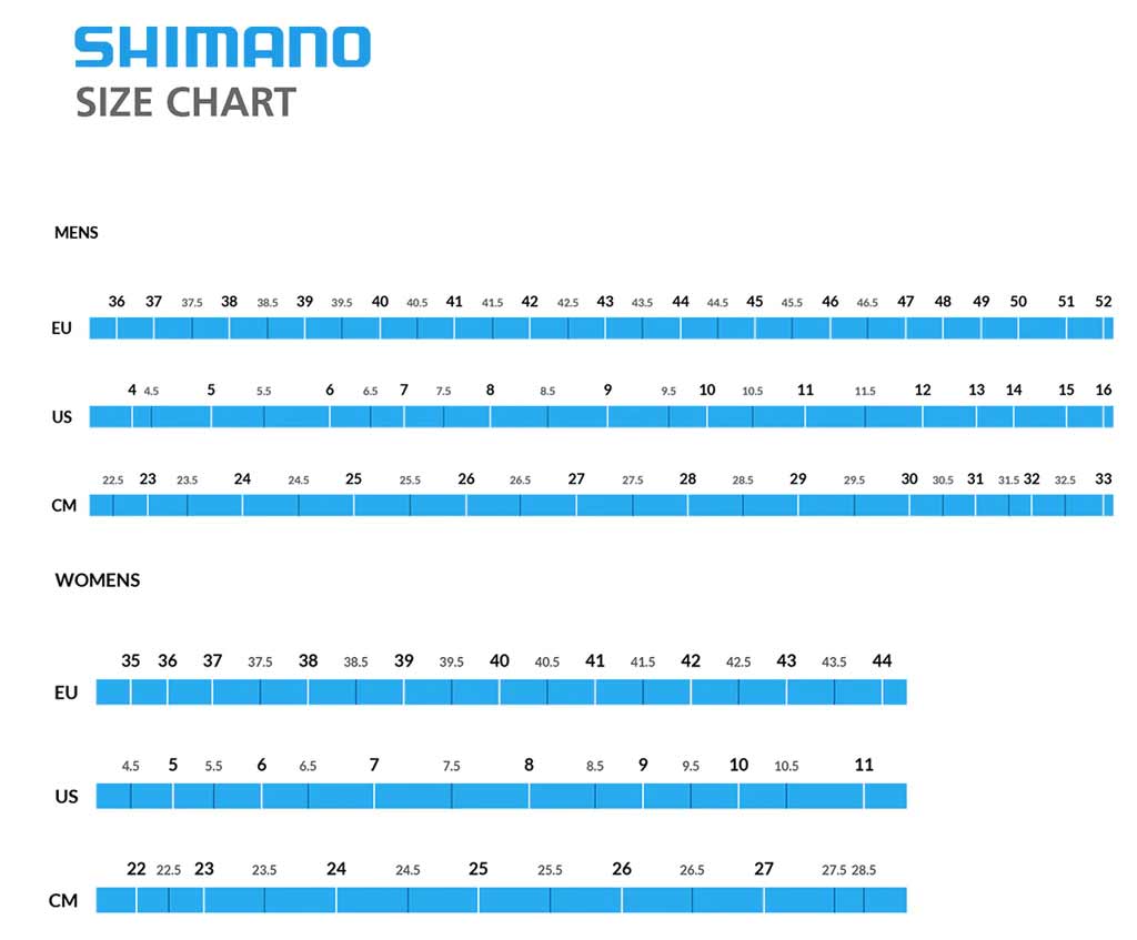 Shimano women's and men's cycling shoe size chart