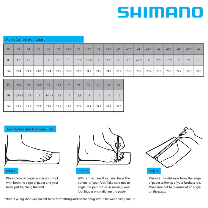 Shimano men's bike shoe size chart