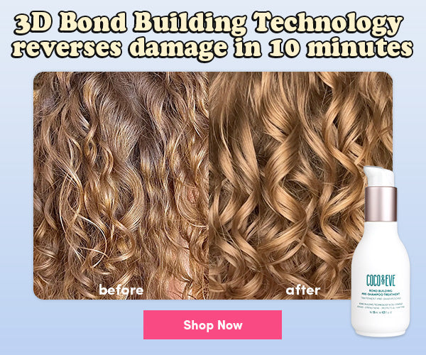 Before and after image of using Coco & Eve's Bond Building Pre-Shampoo Treatment