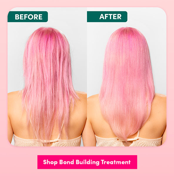 A before and after photo of a girl using our Bond Building Pre-Shampoo Treatment. Shop now