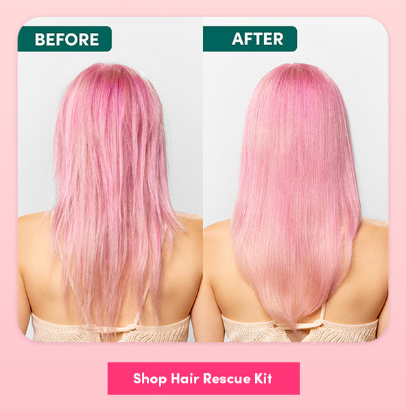 A girl with pink hair showing the before and after of using Coco & Eve products. Shop now