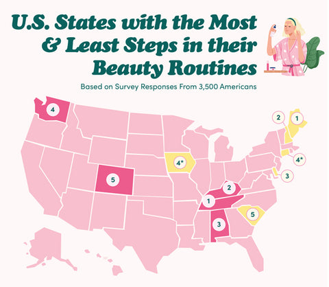 Top half of map detailing the states with the most and least steps in their beauty routine