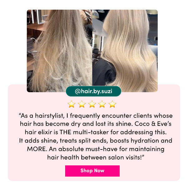 Before and After Image of using Coco & Eve's Miracle Hair Elixir and Suzie's Testimonial