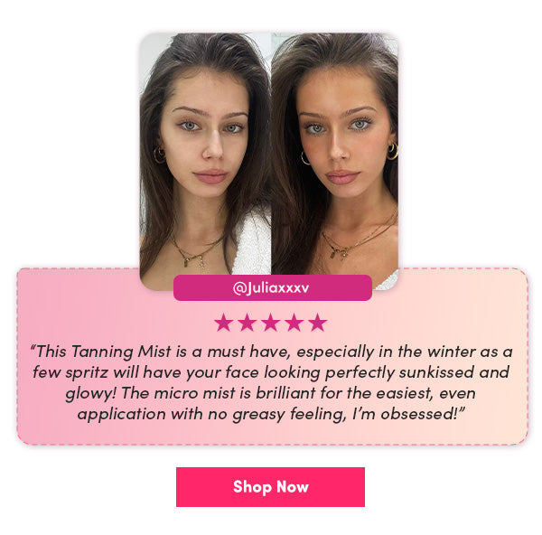 Before and After Image of Tanning Mist Application and Juliaxxxv's Testimonial