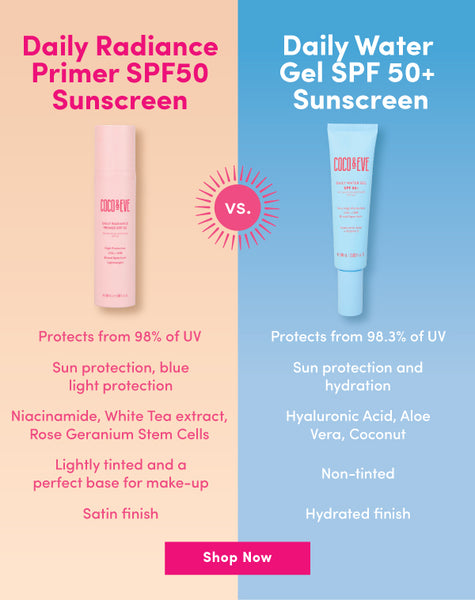 Comparison between Daily Radiance Primer SPF50 Susncreen and Daily Water Gel SPF50 Sunscreen