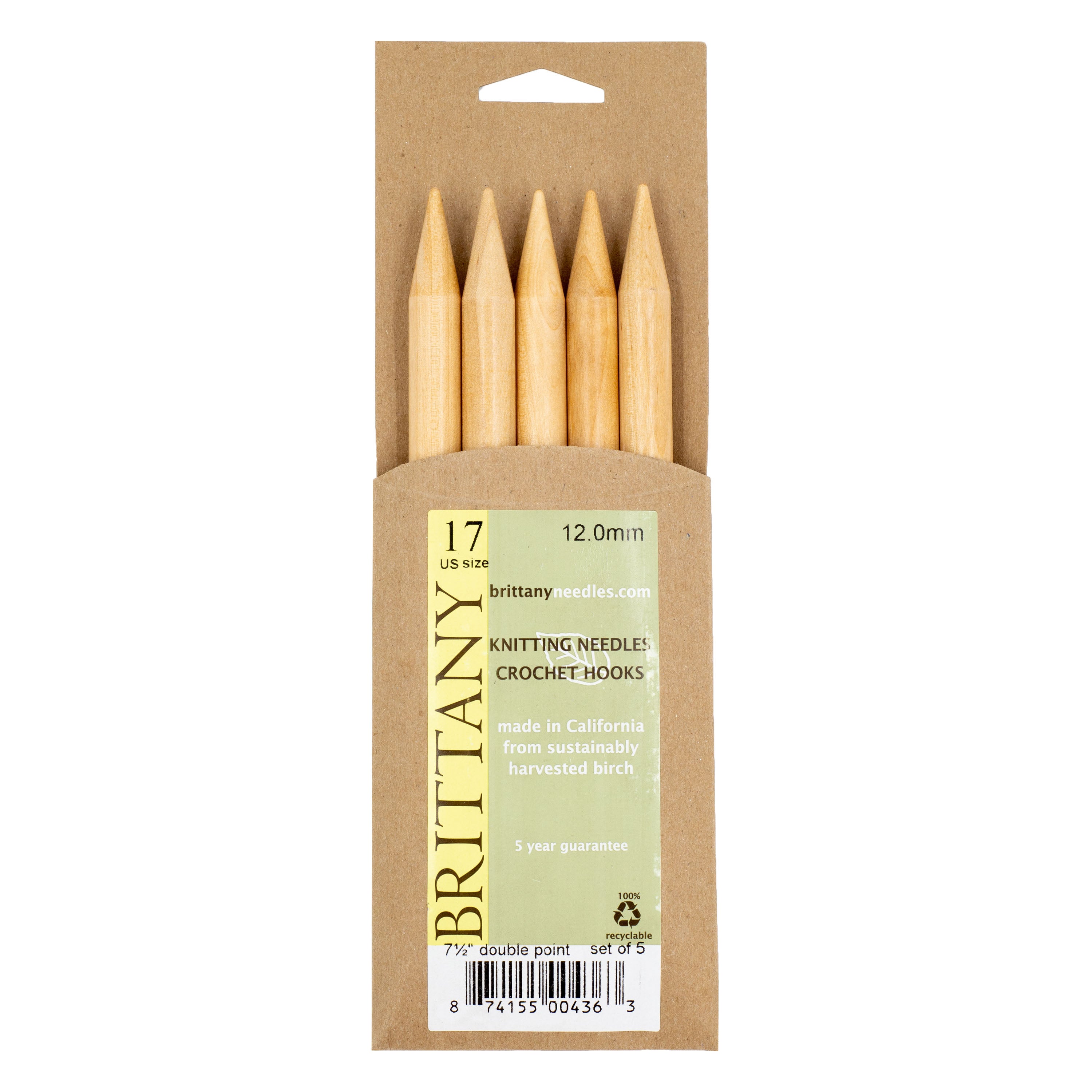 Brittany Birchwood Double Pointed Knitting Needles 7.5" (Sizes 3 to 17