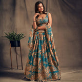 Teal Floral Printed Semi-Stitched Lehenga & Unstitched Blouse With Dupatta
