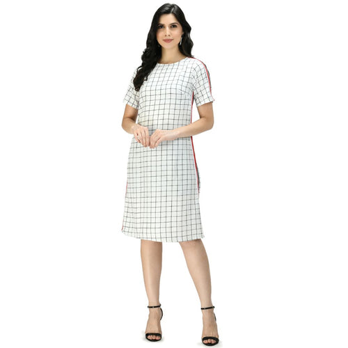 Women Crepe Shift White Checkered Dress