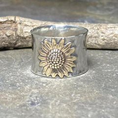 Golden Sunflower Wide Band Silver Ring