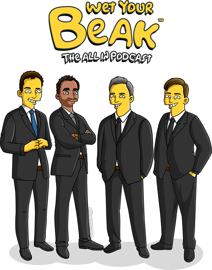 The All-In Podcast in the style of Simpsons featuring Chamath Palihapitiya, Jason Calacanis, David Sacks and David Friedberg by Origin Cloth (Allinarmy.com). Image is a copyright and trademark of Origin Cloth (origincloth.com) all rights reserved.
