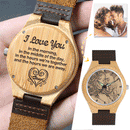 Custom Men's Engraved Bamboo Watch with I Love You Brown Leather For Him -  Love Name Necklace