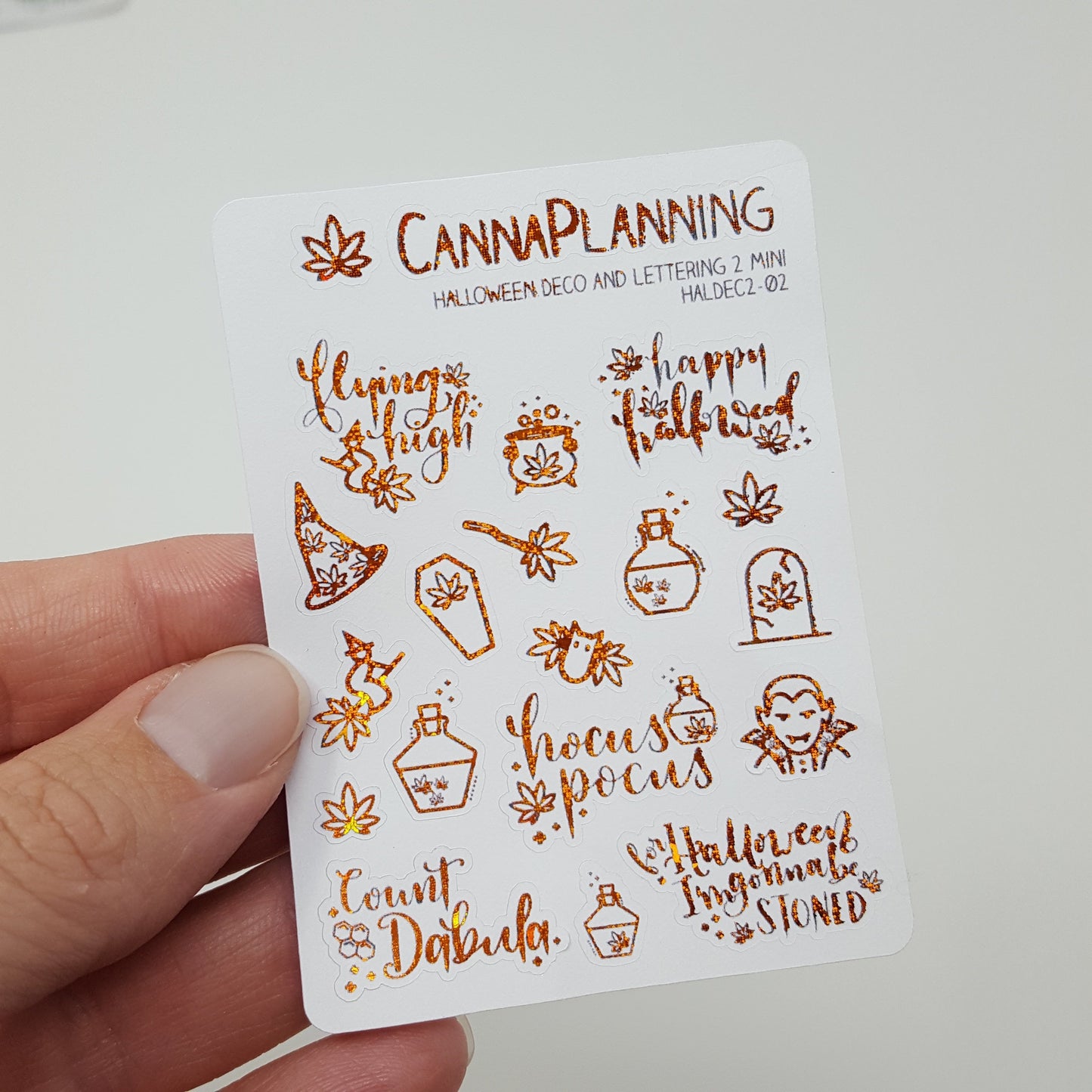 MINI Flying High ORANGE SPARKLE Foil Marijuana Halloween stickers (4440696520803)
