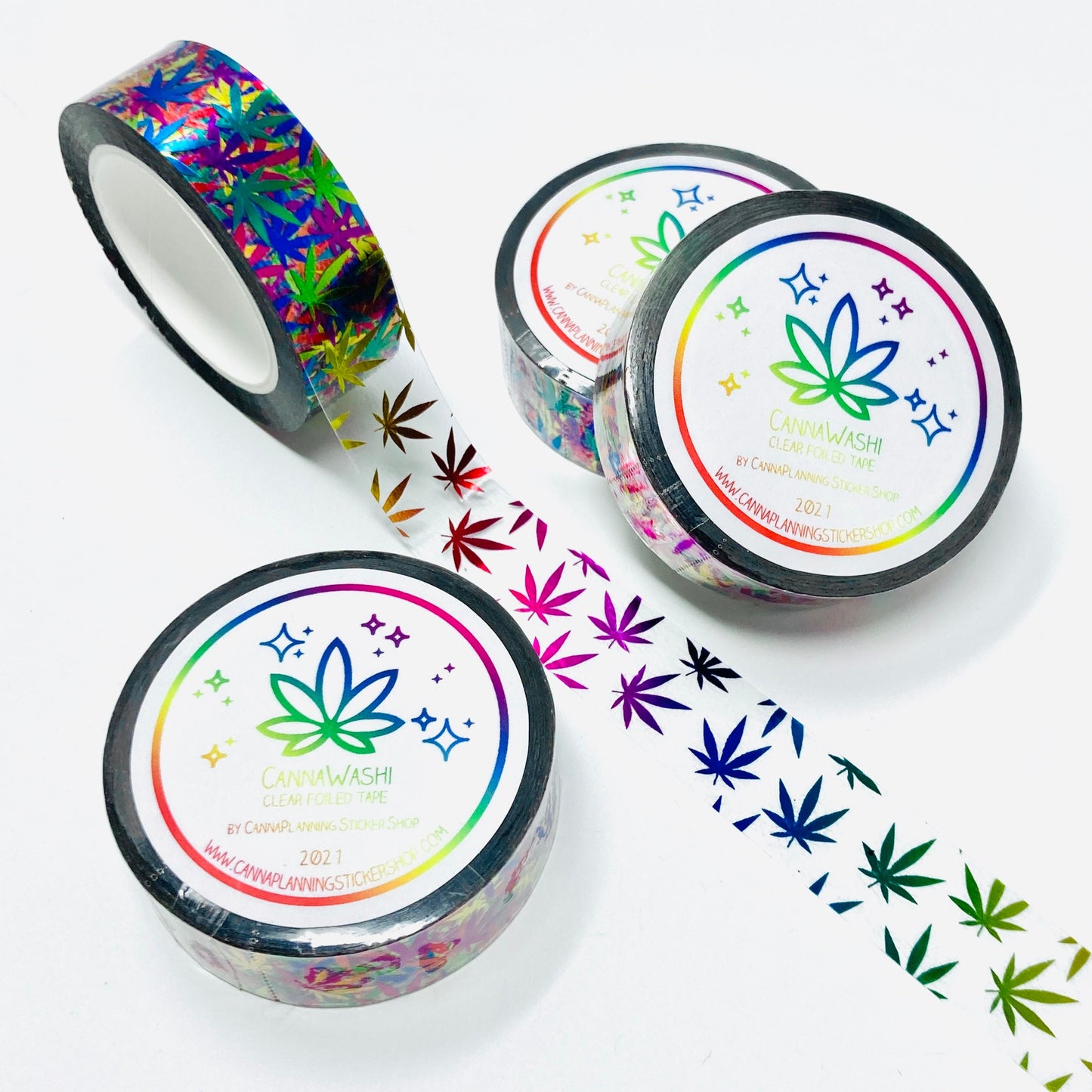 PAIR (2 rolls) Rainbow Foil Marijuana Washi Clear Tape - 20mm and 15mm Stylized leaves  (4498052382819)