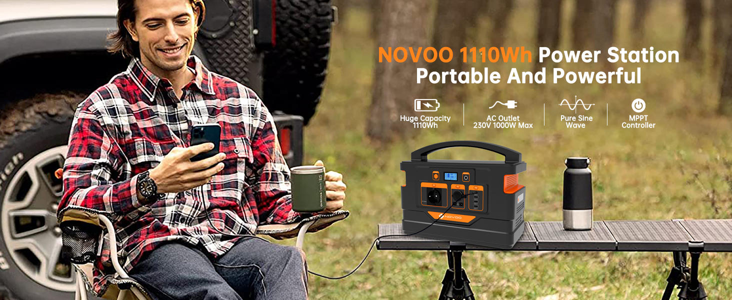 NOVOO RPS1000 Portable Power Bank - 1100Wh Capacity & 1000W AC Outlet - Power Up Your Next Adventure