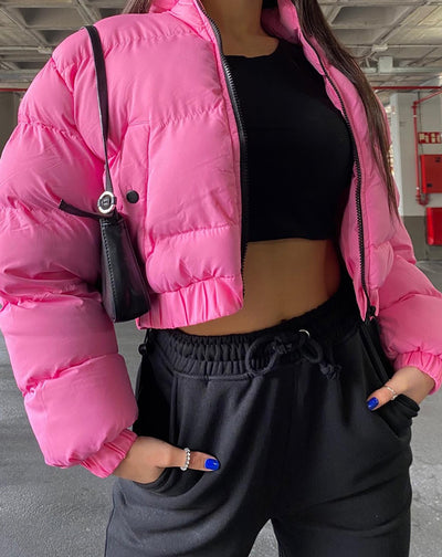 bright pink puffer jacket