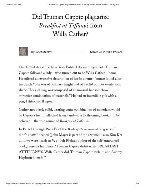 Literary Hub https://lithub.com/did-truman-capote-plagiarize-breakfast-at-tiffanys-from-willa-cather/
