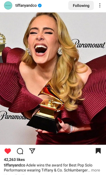 Adele at the 2023 Grammys posted by Tiffany and Company