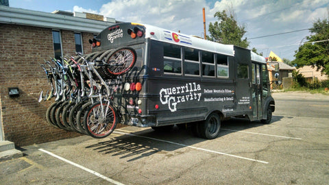 A converted school bus for GG with bikes lined up on the back