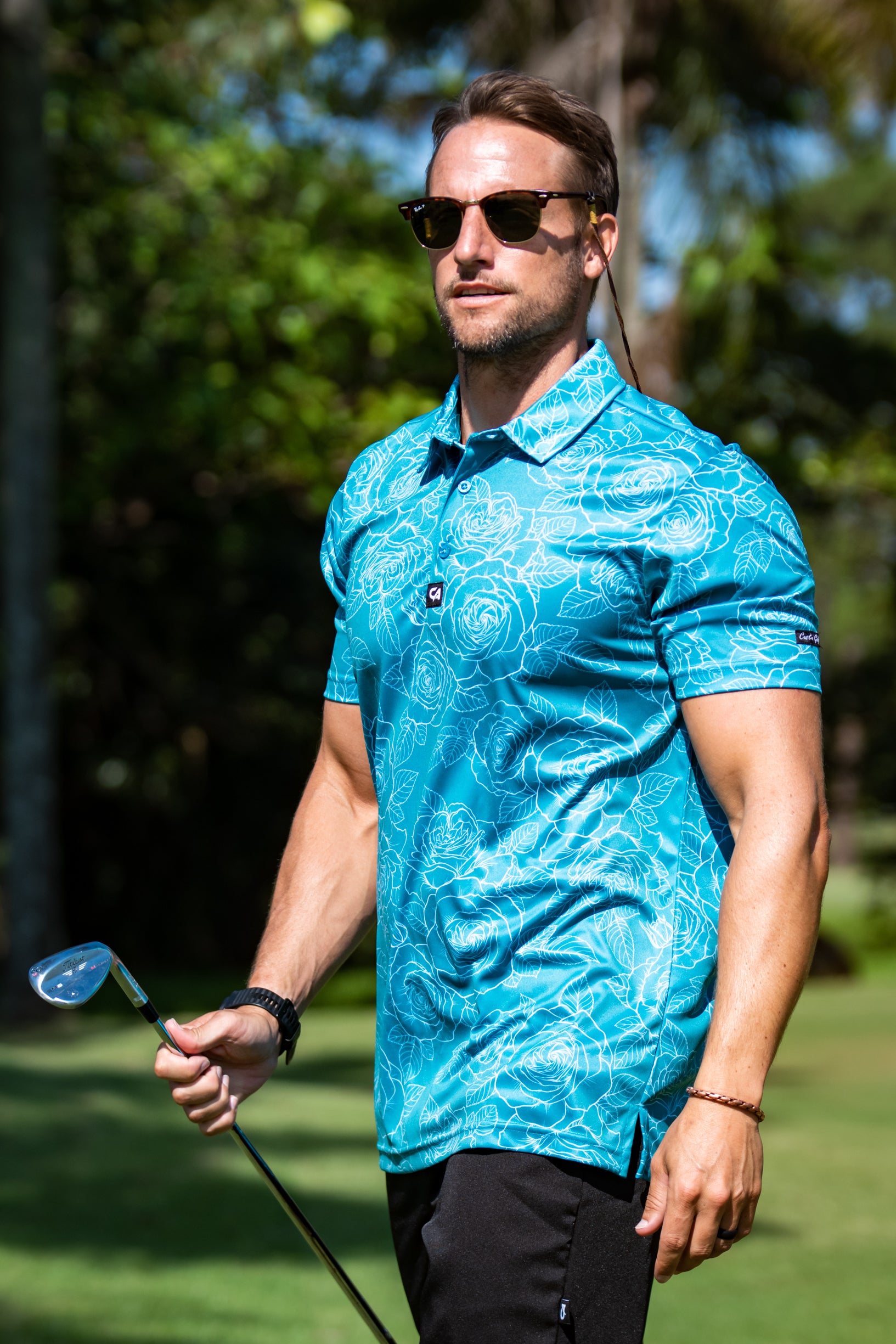 Image of CA Funky Golf Shirt | Teal Roses  . ..J,rrx:;d.f!@-f ;, L e D " N A 