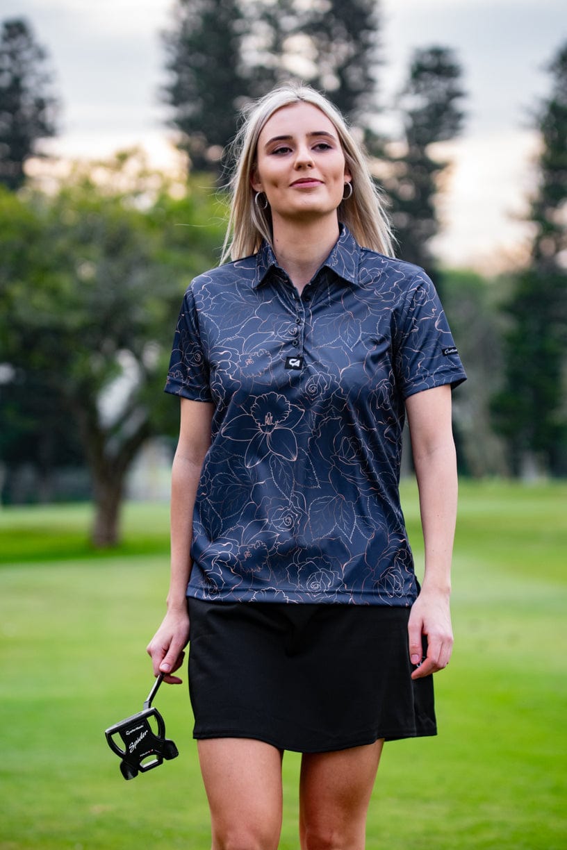 Image of CA Ladies Funky Golf Shirt | Navy/Gold Roses