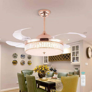 Retractable Crystal Ceiling Fan Light With Remote Control 3 Color Dimmable Invisible Ceiling Fan Chandelier Art Deco 42 Inch Rose Gold