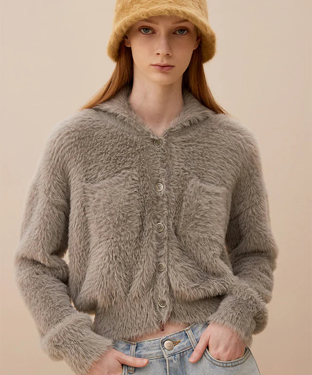 COLLABOTORY Hairy Knit Cardigan Top Grey Sokim