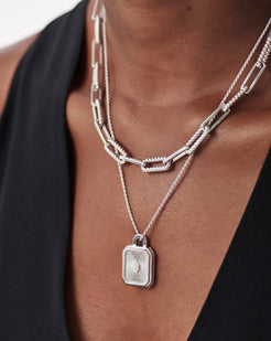 Missoma Engravable Square Locket Chain Necklace | Silver Plated/Rainbow Moonstone