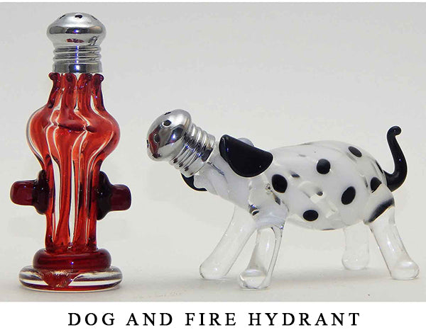 Dog and Fire Hydrant Blown Glass Salt and Pepper Shaker 255 by Four Sisters Art Glass