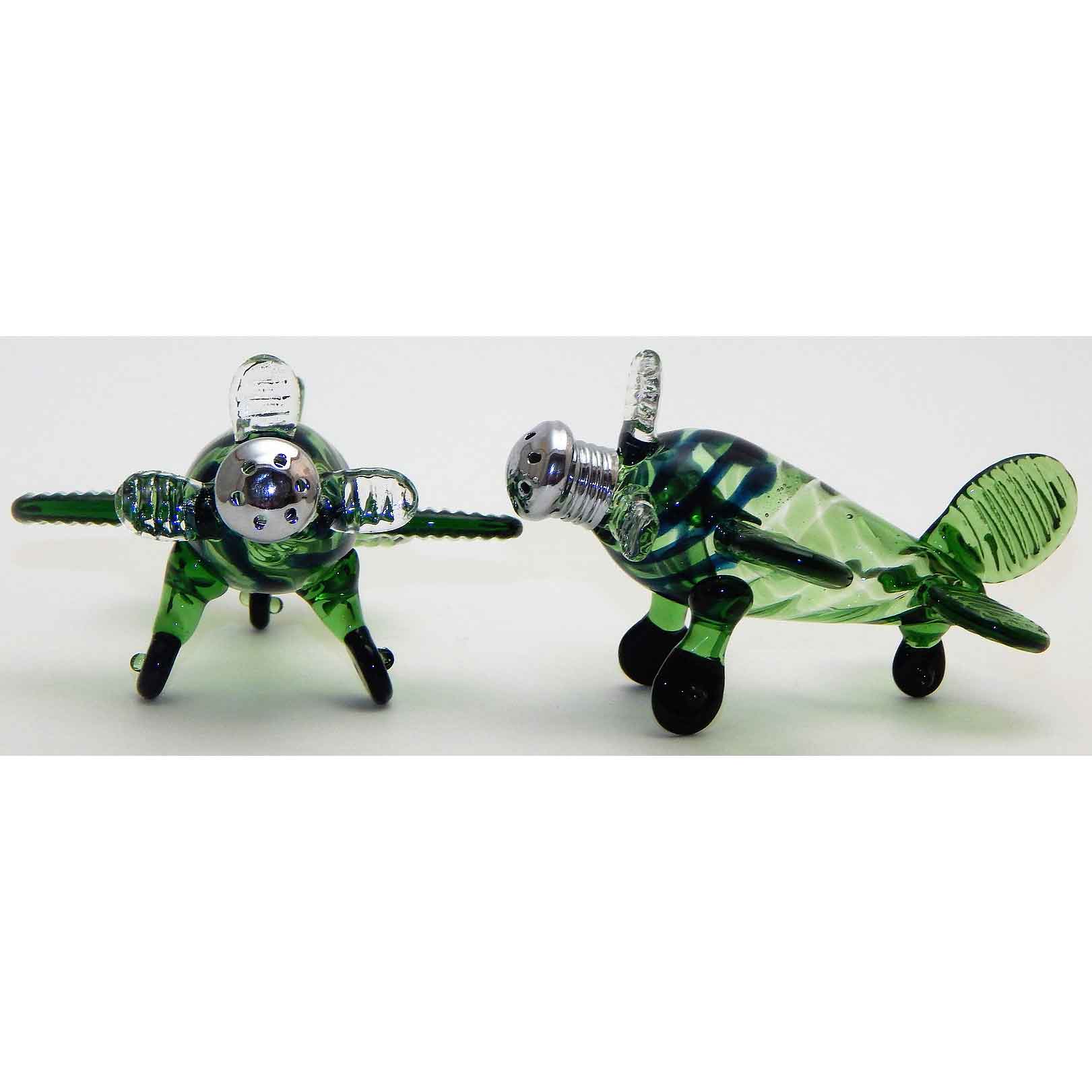 Green Airplane Blown Glass Salt and Pepper Shaker 206 by Four Sisters Art Glass