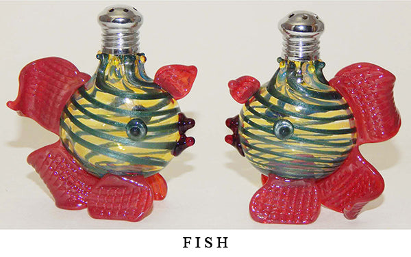Yellow and Teal Fish Blown Glass Salt and Pepper Shaker 267 by Four Sisters Art Glass