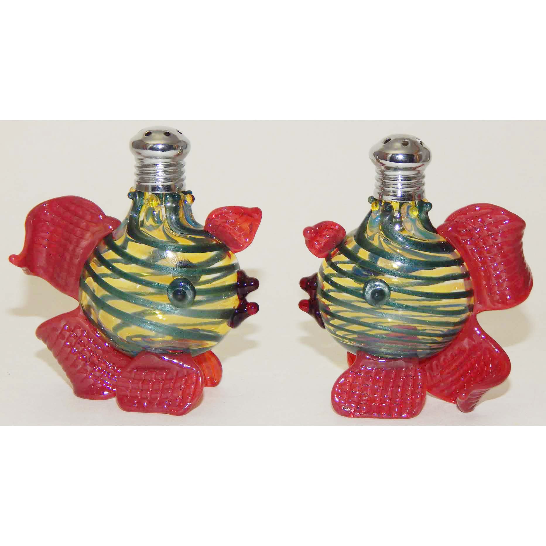 Yellow and Teal Fish Blown Glass Salt and Pepper Shaker 267 by Four Sisters Art Glass