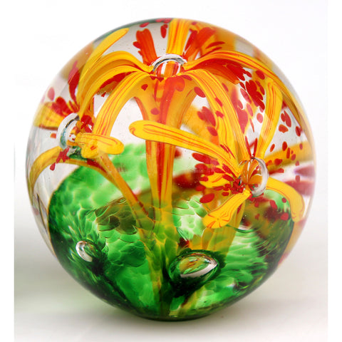 Glass Flower Paperweight Shown In Yellow Green by Glass Rocks Dottie Boscamp, Artistic, Artisan-Crafted Hand-Blown Glass Paperweights