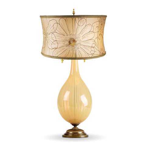 Kinzig Design Charlotte Table Lamp 54 K 54, Opalescent Beige Blown Glass With Embroidered Cream Dupioni Silk Shade