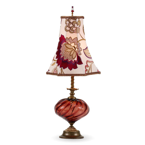 Kinzig Design Franny Table Lamp 179 A 148, Red Blown Glass,  Embroidered Red Scarlet Purple Gold and White Floral Shade