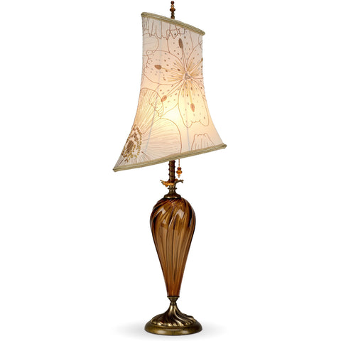 Leyla In Brown Table Lamp 66 H 54 by Kinzig Design, Brown Amber Blown Glass With Asymmetric Embroidered Silk Lamp Shade