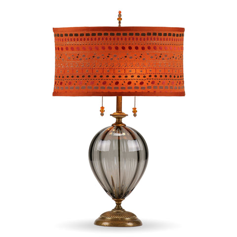 Kinzig Design Samantha Table Lamp 175 Af 156, Gray Blown Glass, Embroidered Orange Silk Shade