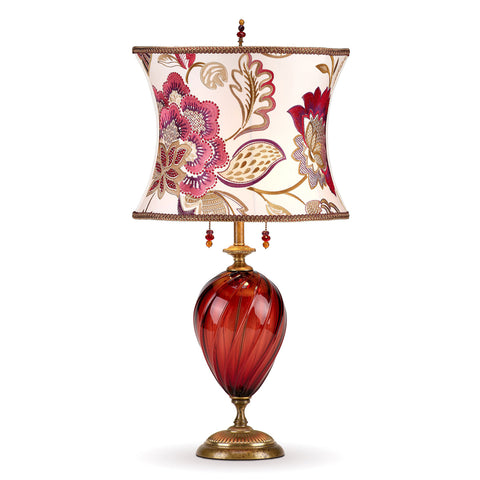 Kinzig Design Scarlett Table Lamp 170 I 148, Red Blown Glass, White Scarlett Pink Gold and Purple Embroidered Shade