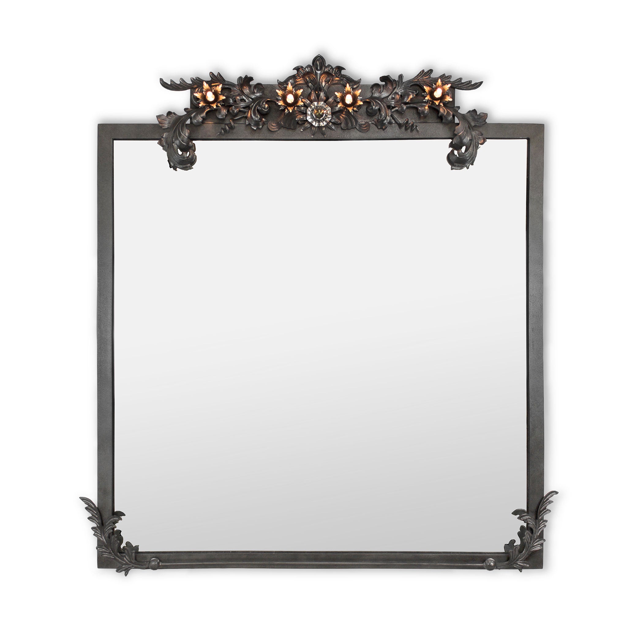 Florette Mirror with Halogen Lights, Forge Iron, Finish Blackened Steel by Luna Bella