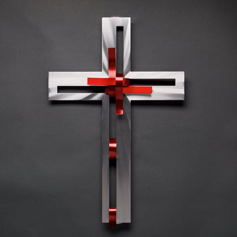 Red Ribbon Cross Wall Art Sculpture by Sondra Gerber creator of Metal Petal Art