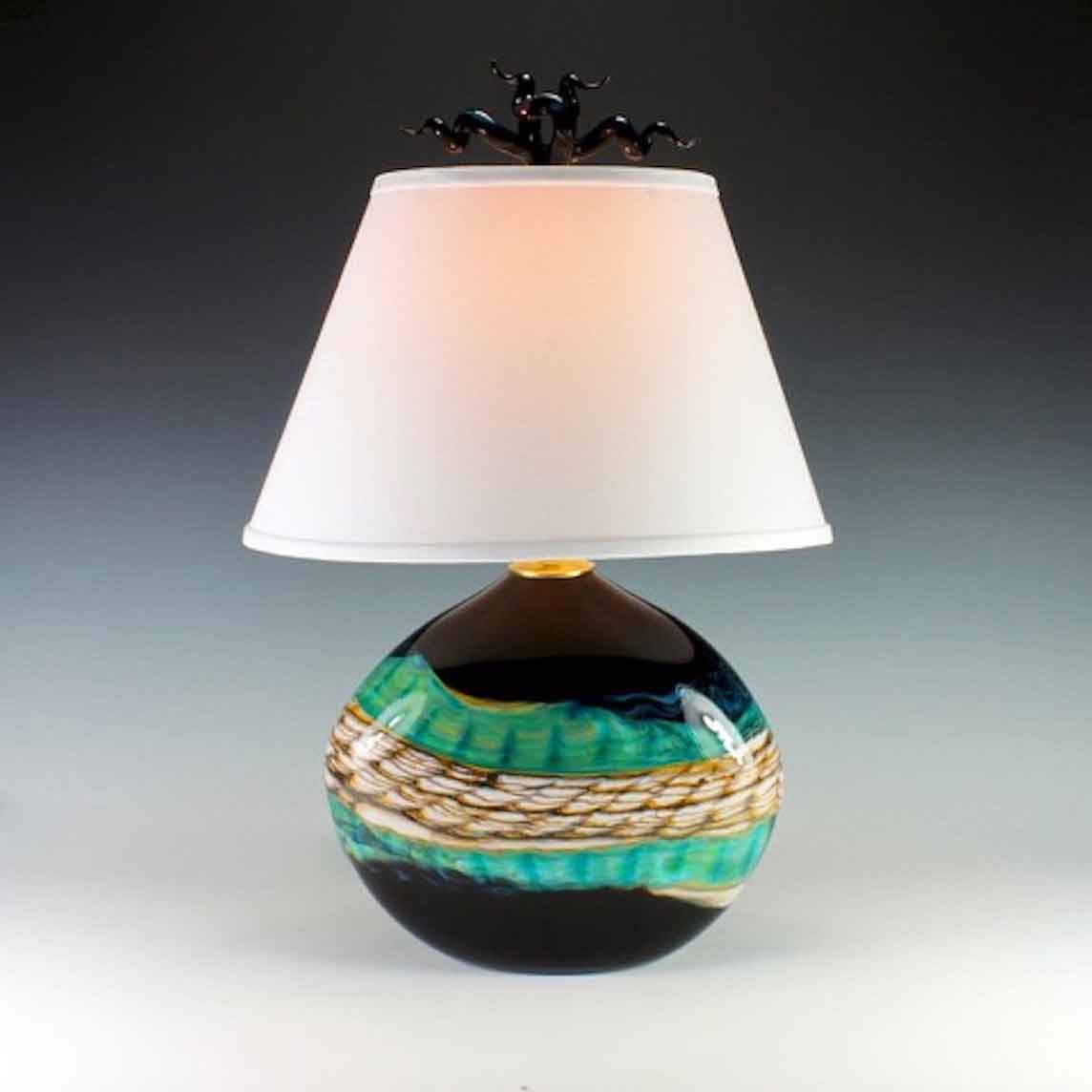 Gartner Blade Opal Flat Table Lamp in Black Hand Blown American Art