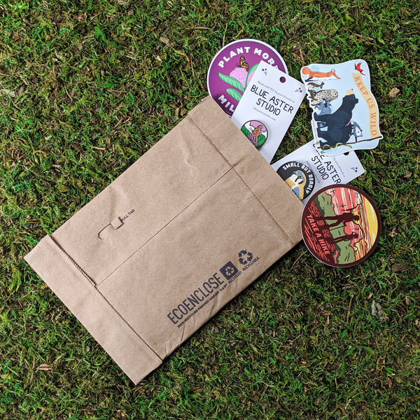 A kraft paper padded mailer with Blue Aster Studio wildlife stickers, buttons and an enamel pin coming out of it.