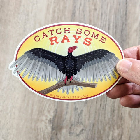 An oval sticker reading "catch some rays" with an illustrated turkey fulture spreading its wings against a sunny sky.