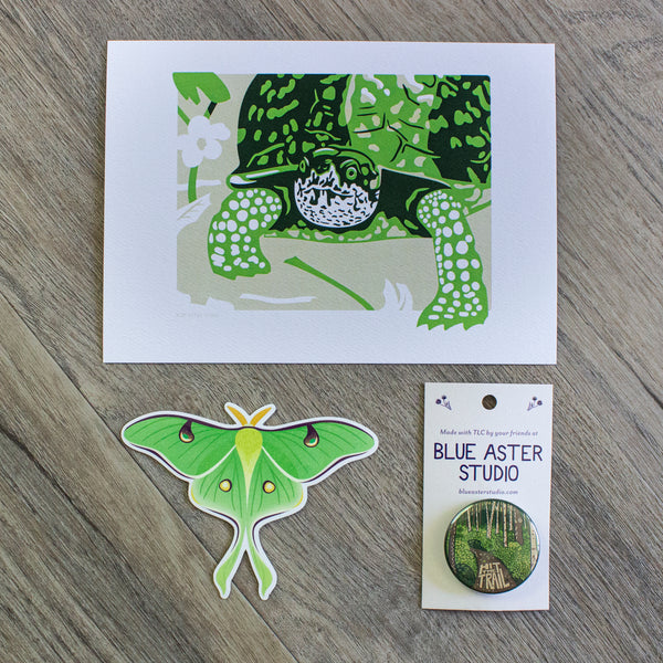 A collection of Blue Aster Studio products including a 5x7 art print of a box turtle, a luna moth sticker, and a "Hit The Trail" button.